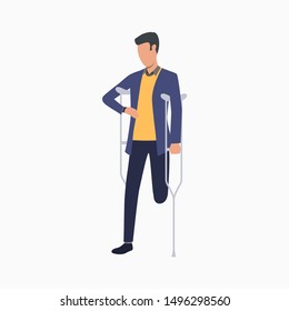 Disabled man walking with crutches. Prosthesis, disability, handicapped. Disabled people concept. Vector illustration for website, landing page, online store