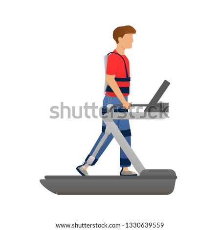 Disabled man walking with medical exoskeleton on treadmill. Medicine of the future, bionics technology. Vector illustration