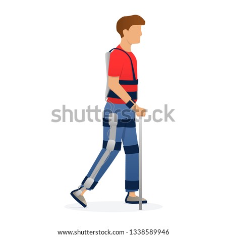 Disabled man walking with medical exoskeleton. Medicine of the future, bionics technology. Vector il