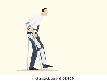 Disabled Man Walks with Exoskeleton.