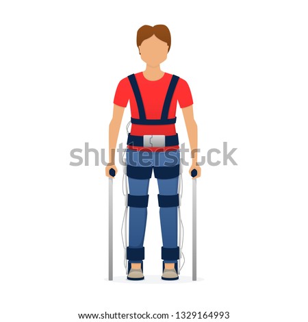 Disabled man wearing medical exoskeleton. Medicine of the future, bionics technology. Vector illustration