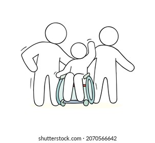 Disabled man in wheelchair and caregivers. Vector doodle sketch with elderly, sick or paraplegic patients in wheel chairs and hospital workers. Concept of care for handicaps