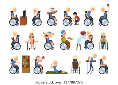 Disabled man in wheelchair in different situations set, rehabilitation and active lifestyle of disabled people concept vector Illustration on a white background