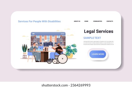 disabled man a in wheelchair discussing with lawyer or judge consultant legal services people with disabilities concept