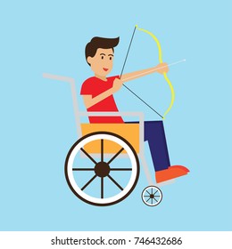disabled man in wheelchair doing archery. disability concept. vector illustration