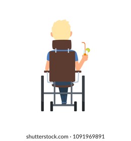 Disabled man in wheelchair drinking cocktail, summer vacation, , rehabilitation of disabled people concept, back view vector Illustration on a white background