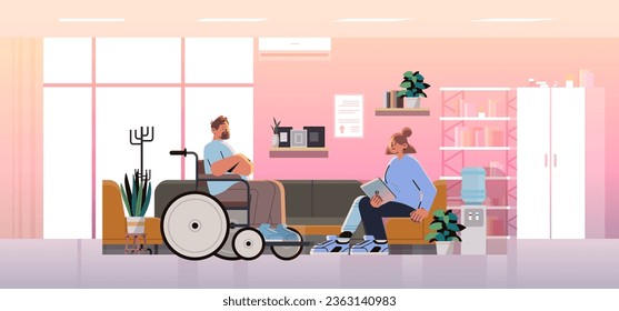 disabled man in wheelchair during therapy with counselor psychotherapist mental health support people with disabilities