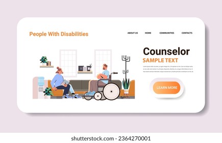 disabled man in wheelchair during therapy with counselor psychotherapist mental health support people with disabilities