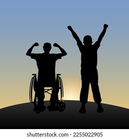 a disabled man in a wheelchair, with a friend, rejoice at the dawn, raised their hands. Vector illustration