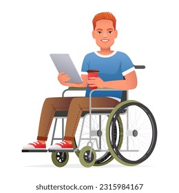 Disabled man in a wheelchair holds a tablet and a glass of coffee. A man sits in a wheelchair and works on a tablet. Vector illustration in cartoon style on a white background.