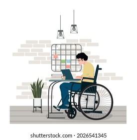 A disabled man in a wheelchair with a laptop. A disabled freelancer works at home. Concepts of employment and social adaptation of disabled people. Vector illustration.