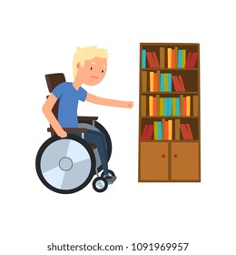 Disabled man in wheelchair next to the bookcase vector Illustration on a white background