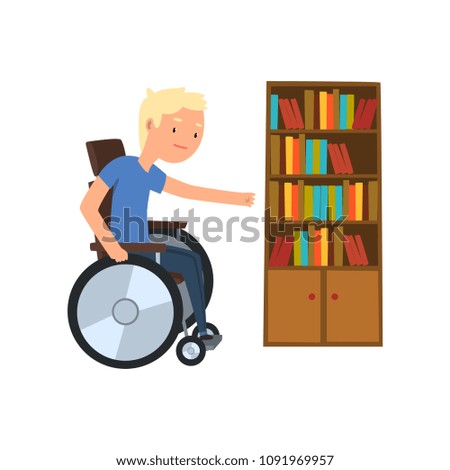 Disabled man in wheelchair next to the bookcase vector Illustration on a white background