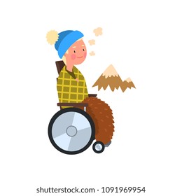 Disabled man in wheelchair on a walk outdoors, rehabilitation of disabled people concept vector Illustration on a white background