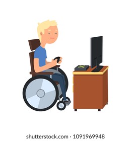 Disabled man in wheelchair playing computer game, rehabilitation of disabled people concept vector Illustration on a white background