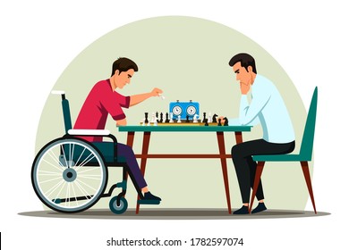 Disabled man in wheelchair plays chess with friend. Handicapped people on social adaptation scene, hobby. Vector character illustration of tolerance, inclusive, accessibility and diversity concept
