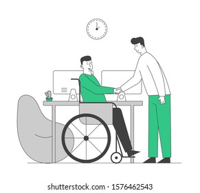 Disabled Man in Wheelchair Shaking Hand with Partner or Boss in Office, Share Creative Idea and Opinion. Physically Handicapped Worker Have Informal Meeting. Cartoon Flat Vector Illustration, Line Art