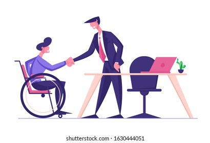 Disabled Man in Wheelchair Shaking Hand with Partner or Boss in Office, Hiring at Work, Share Creative Idea and Opinion. Physically Handicapped Worker Employment. Cartoon Flat Vector Illustration