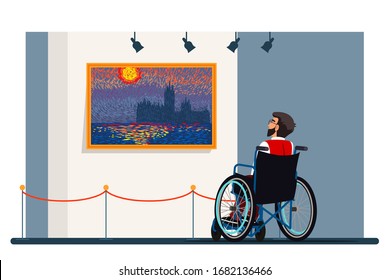 Disabled Man In Wheelchair Visiting Art Gallery. Handicapped Person Looking At Painting Hanged On Wall. Pointillism Exhibition. Culture Environment For People With Special Need. Active Cultural Life