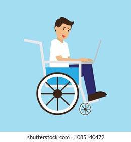disabled man in wheelchair work with computer. disability concept. vector illustration