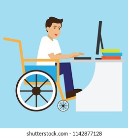 disabled man in wheelchair work with computer. disability concept. vector illustration