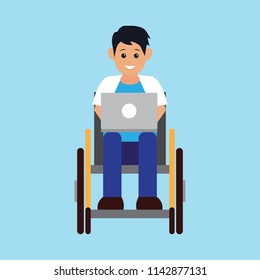 disabled man in wheelchair work with computer. disability concept. vector illustration