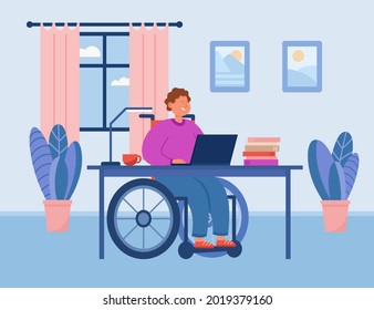 Disabled man in wheelchair working at computer at home. Male invalid in cozy workplace flat vector illustration. Accessibility, remote work concept for banner, website design or landing web page