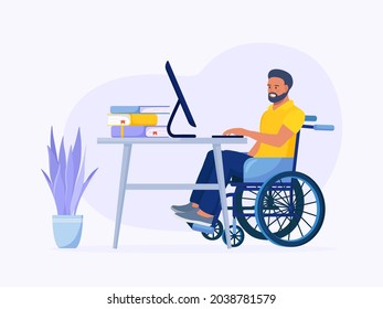 Disabled Man in Wheelchair  Working at Computer in Home Office. Handicapped Person at Workplace. Disabled People Employment and Social Adaptation. Vector illustration