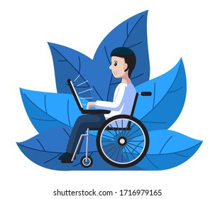 Disabled man in wheelchair working at a laptop. Remote work for people with disabilities. Isolated on white background