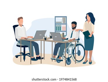 Disabled man in a wheelchair works at a laptop in the office. Rehabilitation and adaptation of people with disabilities vector illustration for card, flyer or poster.