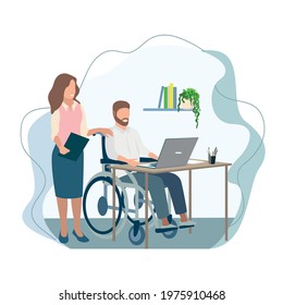 Disabled man in a wheelchair works at a laptop in the office. Rehabilitation and adaptation of people with disabilities vector illustration for card, flyer or poster.