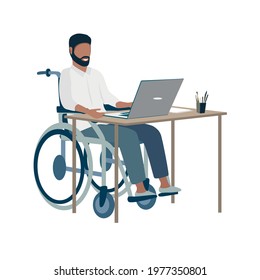 Disabled man in a wheelchair works at a laptop. Rehabilitation and adaptation of people with disabilities vector illustration for card, flyer or poster.