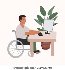 A disabled man in a wheelchair works in the office. The concept of inclusion and diversity in society. Vector illustration