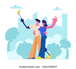 Disabled Man and Woman with Leg and Arm Prosthesis Making Selfie on Cityscape Background, Motivation and Bodypositive Concept. Invalids Family or Friends Couple, Love. Cartoon Flat Vector Illustration
