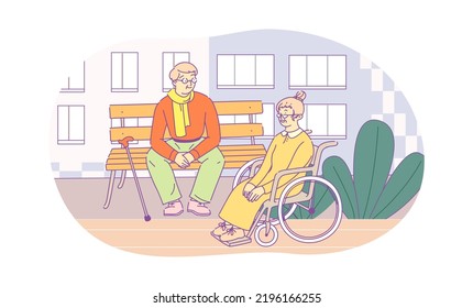 Disabled man and woman walking and communicating outdoors. Man with walking cane sitting on bench. Handicapped elderly woman in wheelchair. Recreation and leisure retiree activities hand drawn vector
