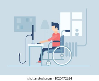 Disabled Man Working At Home - Flat Design Style Illustration On Blue Background. Young Person In A Wheelchair Sitting At The Computer In The Room. Silhouettes Of Window, Lamp, Pin Board, Battery