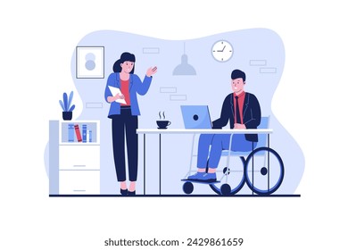 Disabled man working in the office using a wheelchair. Vector data illustration