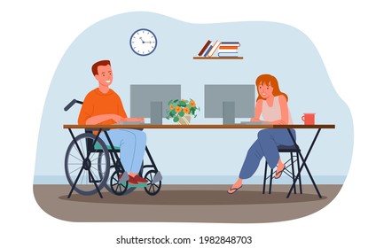 Disabled man working in office workplace, handicapped male employee in wheelchair