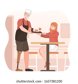 Disabled man working in restaurant. Waiter with disability