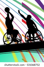 Disabled men basketball players in a wheelchair detailed sport silhouette illustration background vector