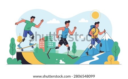 Disabled men with prosthetic leg bionics enjoying active sports like skateboarding running and mountain hiking.