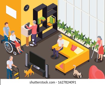 Disabled men and women watching tv resting stroking cats at nursing home 3d isometric vector illustration