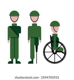Disabled military man without an arm, leg, with a crutch, prosthesis, in a wheelchair, amputated limbs