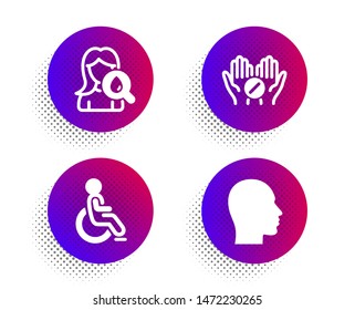 Disabled, Moisturizing cream and Medical tablet icons simple set. Halftone dots button. Head sign. Handicapped wheelchair, Face lotion, Medicine pill. Human profile. Healthcare set. Vector