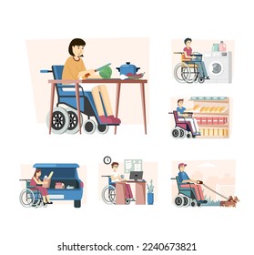 disabled. multiracial people disabled in public places. vector medical conceptual pictures set