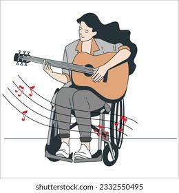 Disabled musician playing Guitar. Young musician in wheelchair playing guitar. disabled girl in wheelchair playing guitar, performing domestic concert. Teenage hobbies and pastimes. 1978