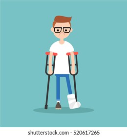 Disabled nerd on crutches with broken leg / editable vector illustration, vector clip art