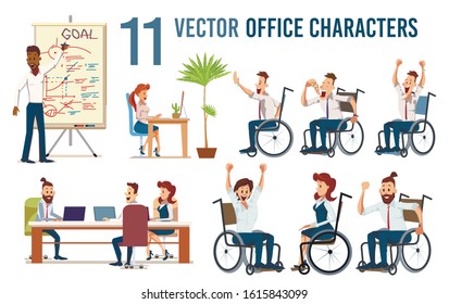 Disabled Office Workers, Employees Isolated Trendy Flat Vector Characters Set. Happy Men and Women Sitting in Wheelchair, Working at Meeting, Presenting Business Plan for Colleagues, Illustrations