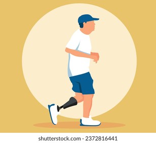 Disabled old man with a prosthetic leg running outdoors. Technology and lifestyle for the disabled. Rehabilitation for the disabled.