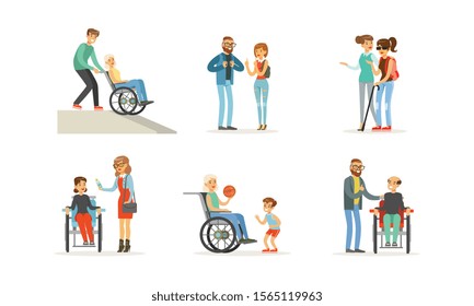 Disabled and Old People and Friends Helping Them Vector Illustrations